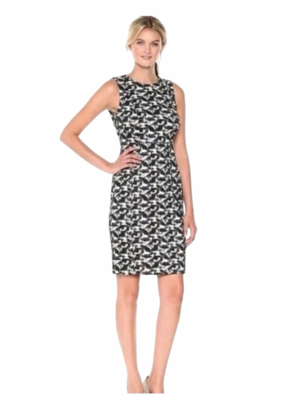 Calvin Klein Black & White Textured Midi Sleeveless Sheath Shift Dress- 4